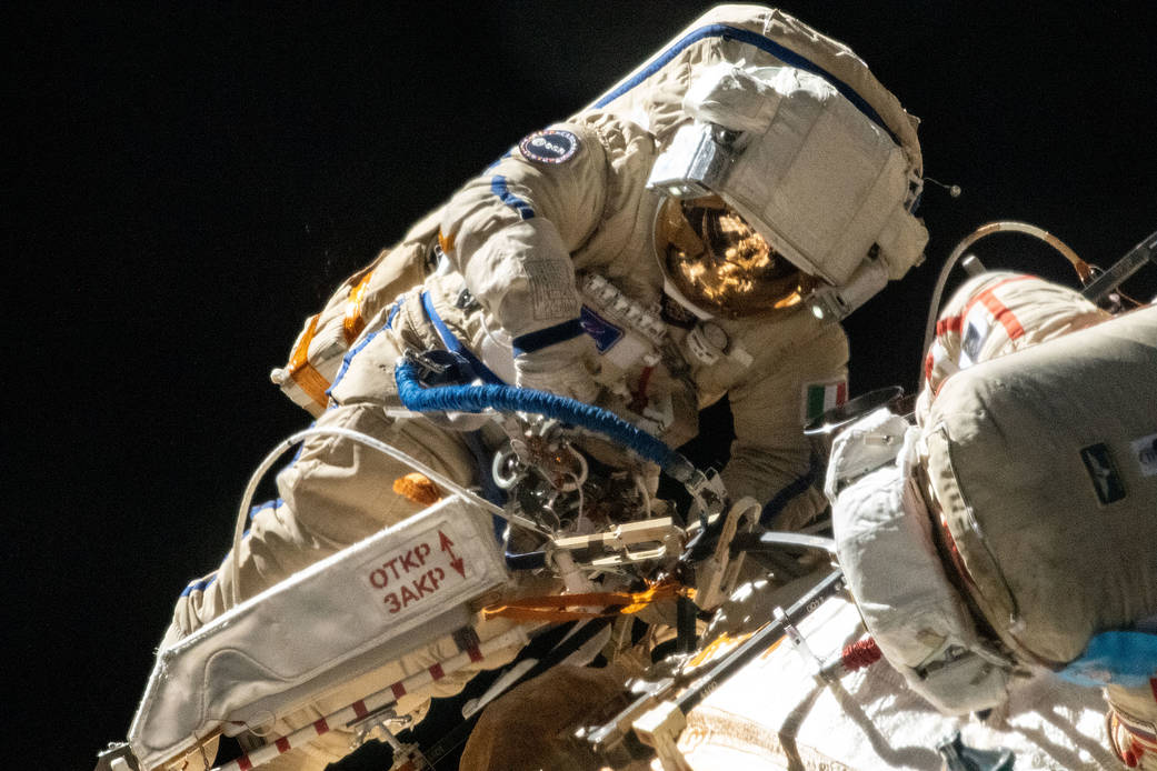 Spacewalker Samantha Cristoforetti works outside the Nauka module