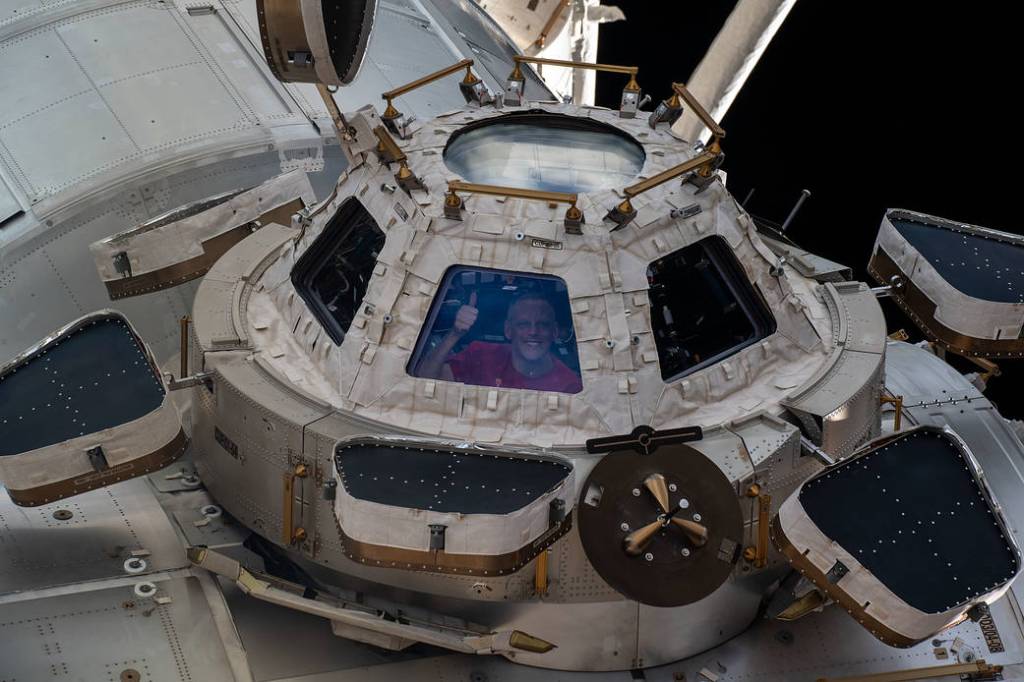 Astronaut Bob Hines looks out from a window on the cupola