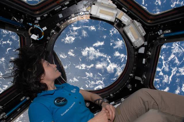 Astronaut Samantha Cristoforetti looks at the Earth through the cupola