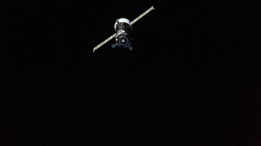 The ISS Progress 82 cargo craft approaches the space station
