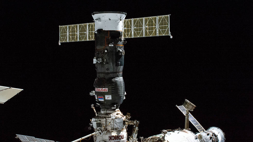 The ISS Progress 82 cargo craft is docked to the space station
