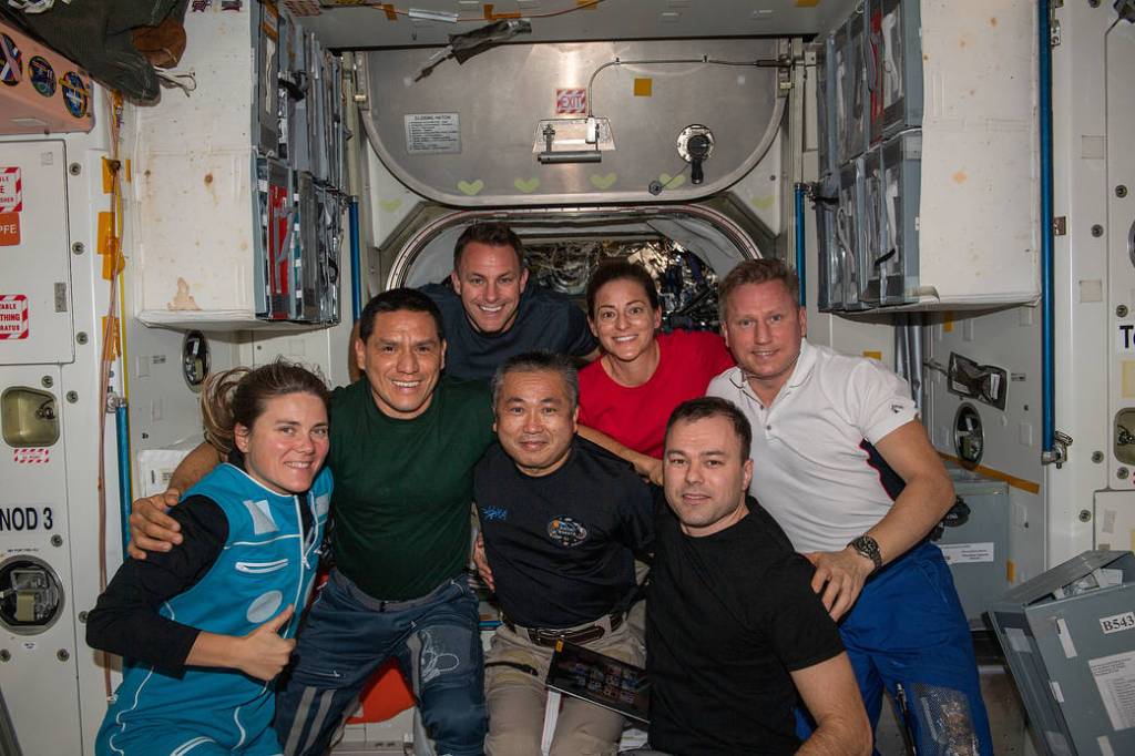 The seven Expedition 68 crew members pose for a portrait