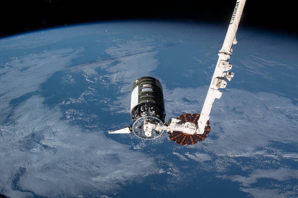 The Cygnus space freighter is in the grip of the Canadarm2