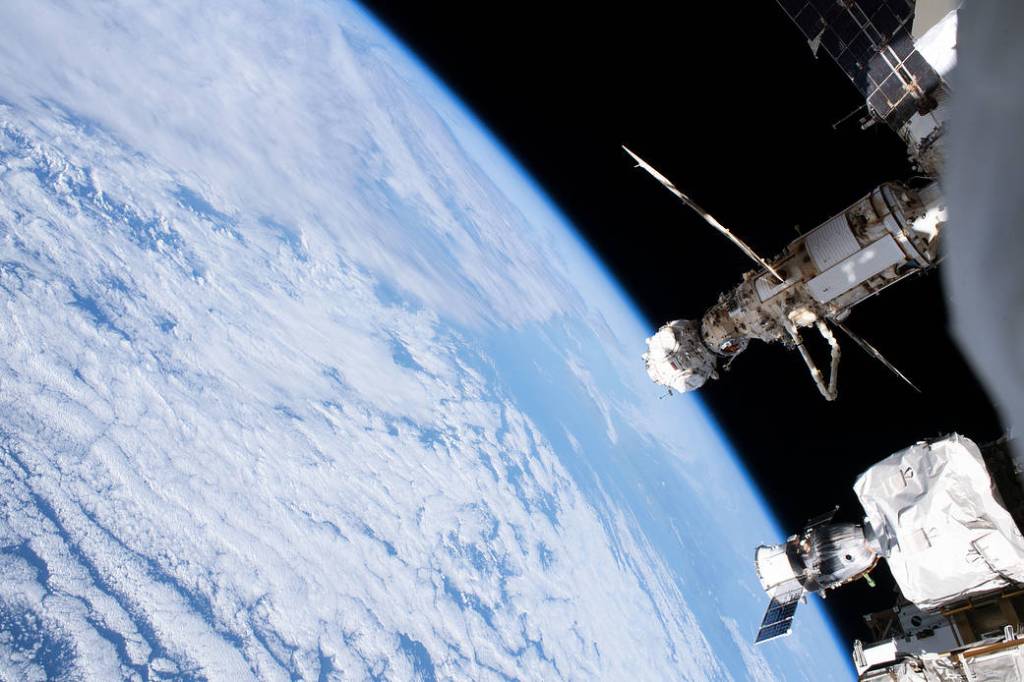 The International Space Station orbits above the southern Pacific Ocean