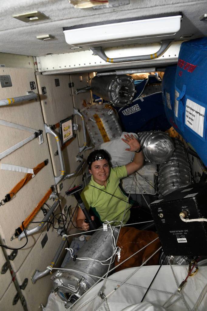 Cosmonaut Anna Kikina is pictured inside the Zarya module
