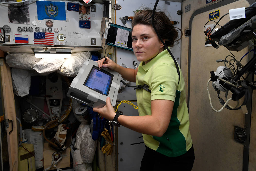 Cosmonaut Anna Kikina is pictured inside the Zvezda service module