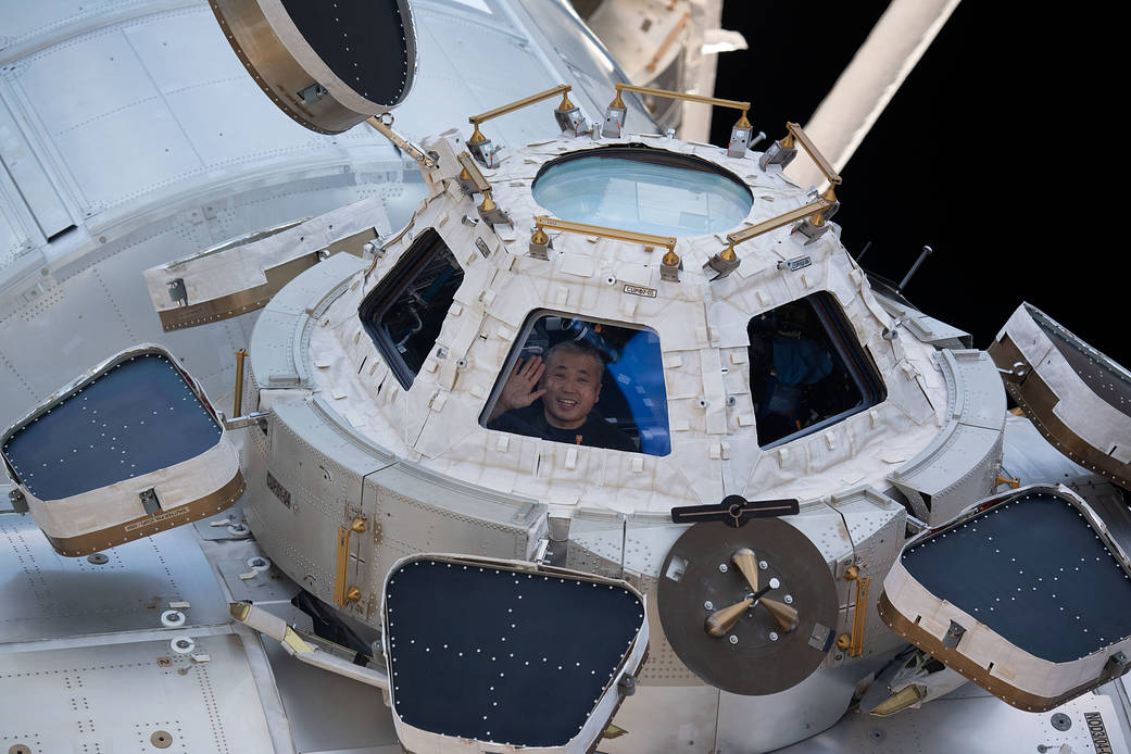 NASA astronaut Koichi Wakata peers through a window in the cupola