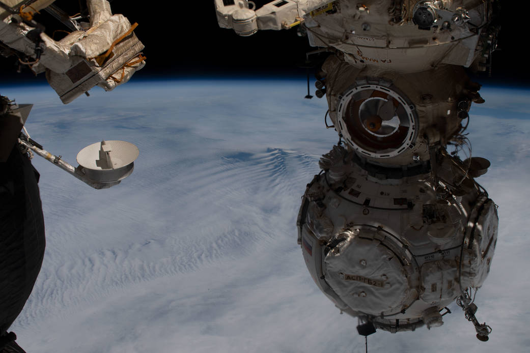 The Prichal docking module is attached to the Nauka science module