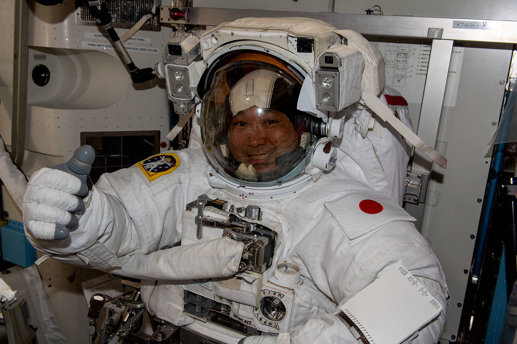 Astronaut Koichi Wakata is pictured during a spacesuit fit check