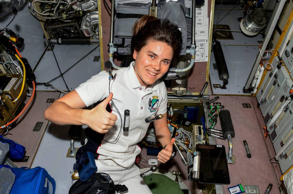 Cosmonaut Anna Kikina installs radiation detectors aboard the station