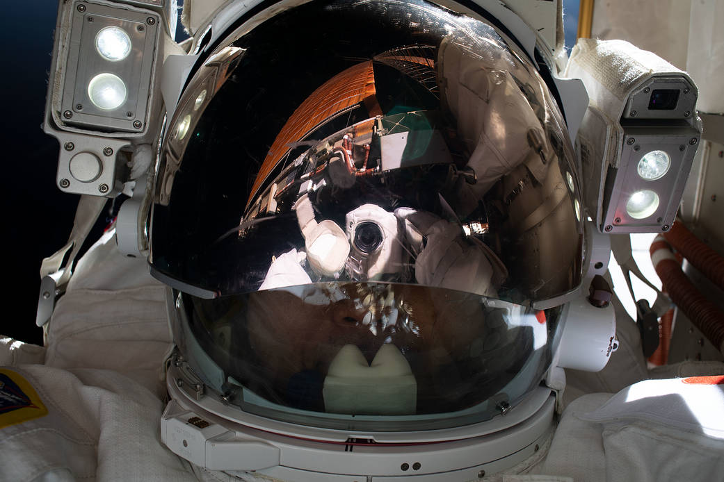 Astronaut Koichi Wakata takes a "space-selfie" during a spacewalk