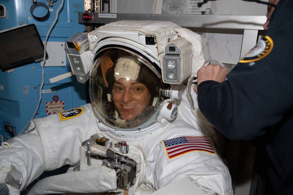 Astronaut Nicole Mann in her spacesuit after a spacewalk