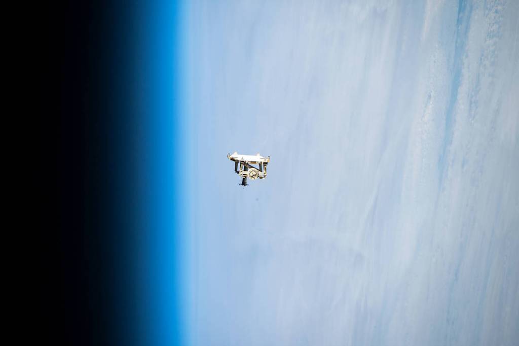 Flight support equipment descends toward the Earth’s atmosphere