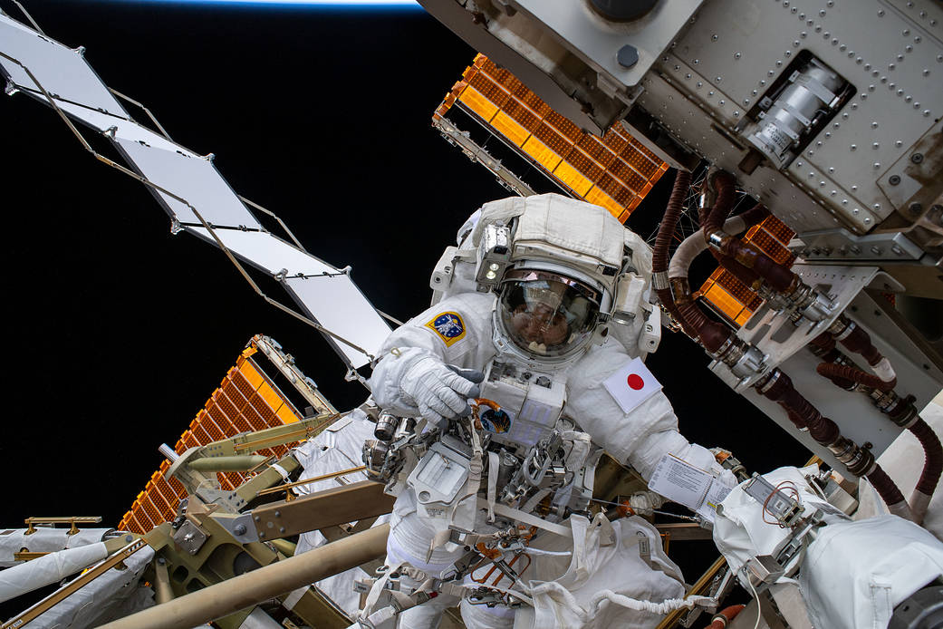 Expedition 68 Flight Engineer Koichi Wakata of the Japan Aerospace Exploration Agency (JAXA) is pictured in his Extravehicular Mobility Unit, or spacesuit, during his second spacewalk.