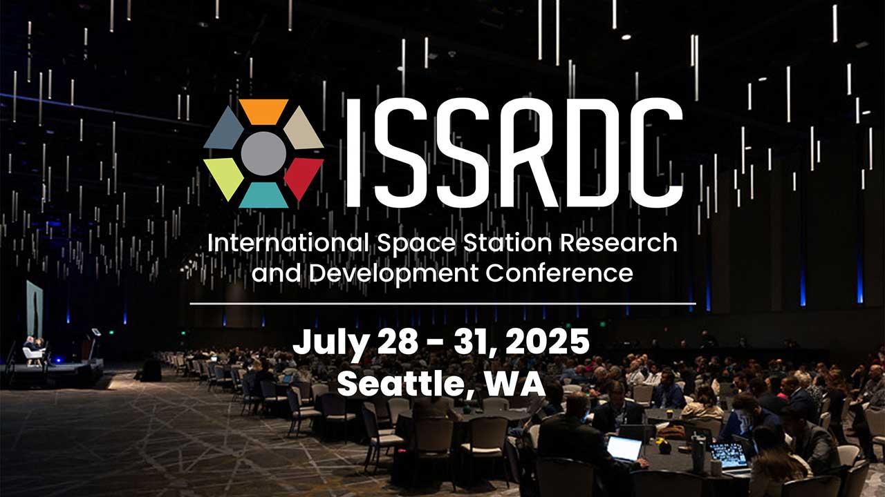 A graphic with information about the ISS Research and Development Conference which will take place in Seattle, Washington, July 28-31, 2025.