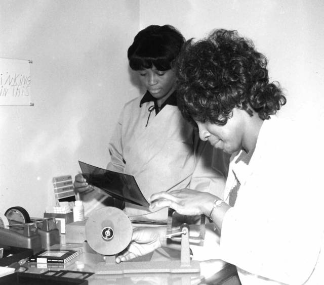 Mary Petty (left) and Mable Lake (right) working in the Marshall Photo Laboratory on November 27, 1972.  