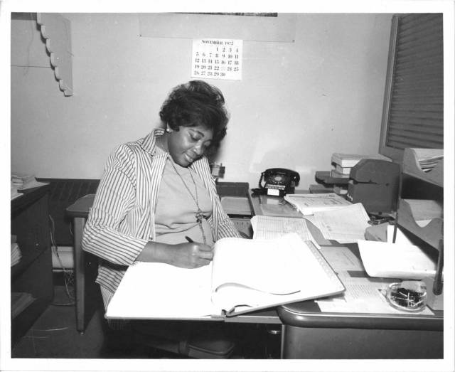 Sarah A. Lacey, a clerk typist assigning serial numbers to federal cataloging actions at Marshall on November 27, 1972. 