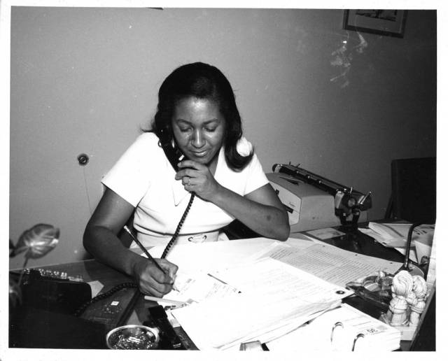 Clerk-typist, Mary F. Smith in the Technical Materials Division at Marshall on November 27, 1972.
