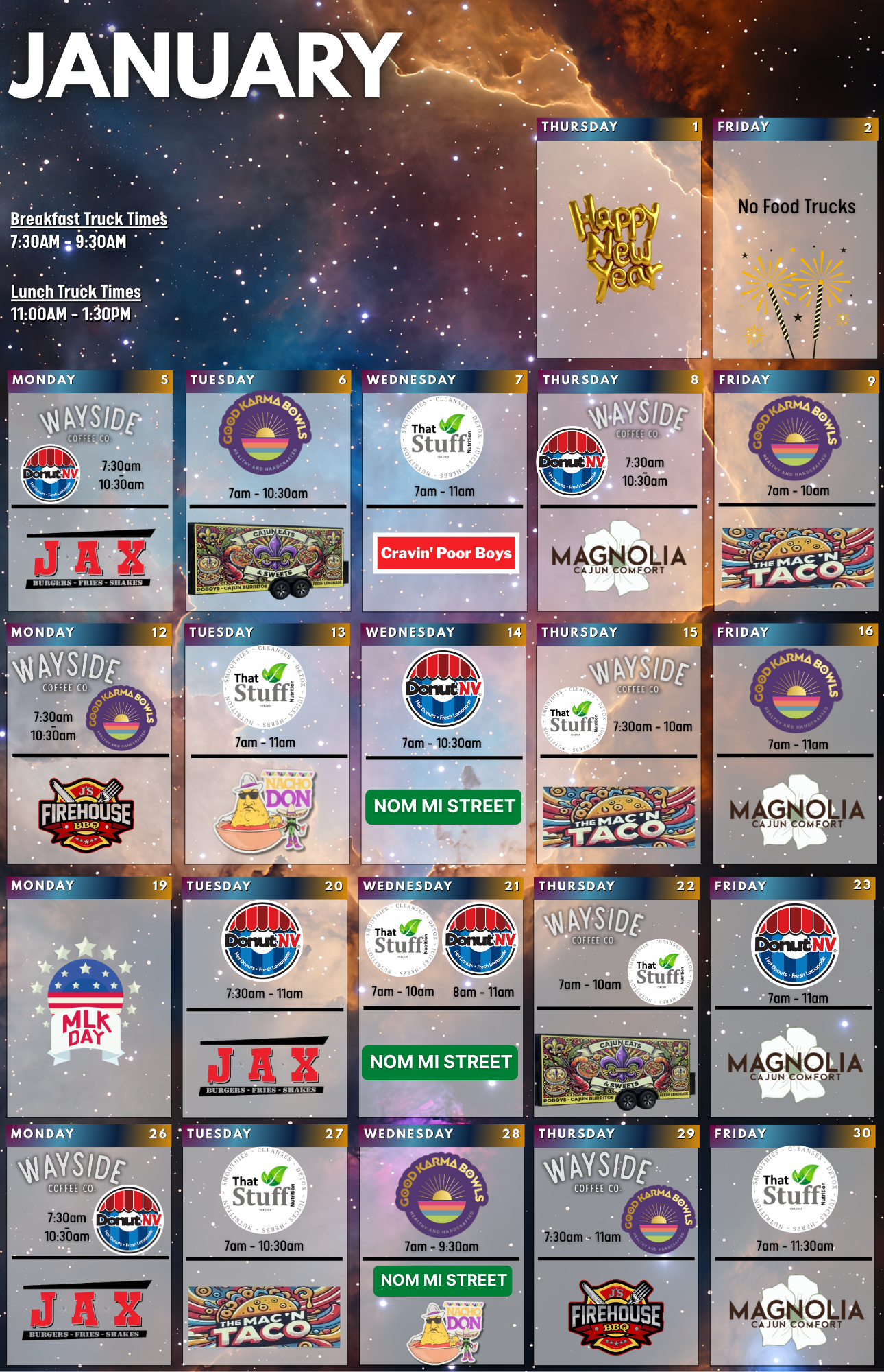 January 2026 Food Truck Schedule for JSC B11.