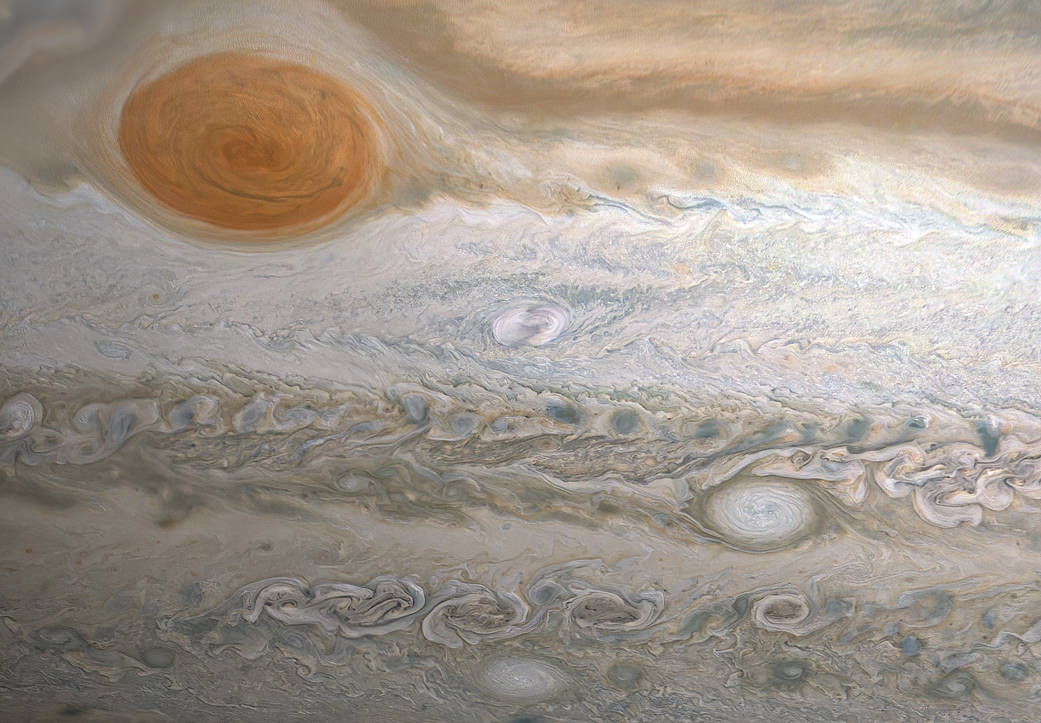 Figure A - This image from NASA’s Juno spacecraft captures several storms in Jupiter’s southern hemisphere