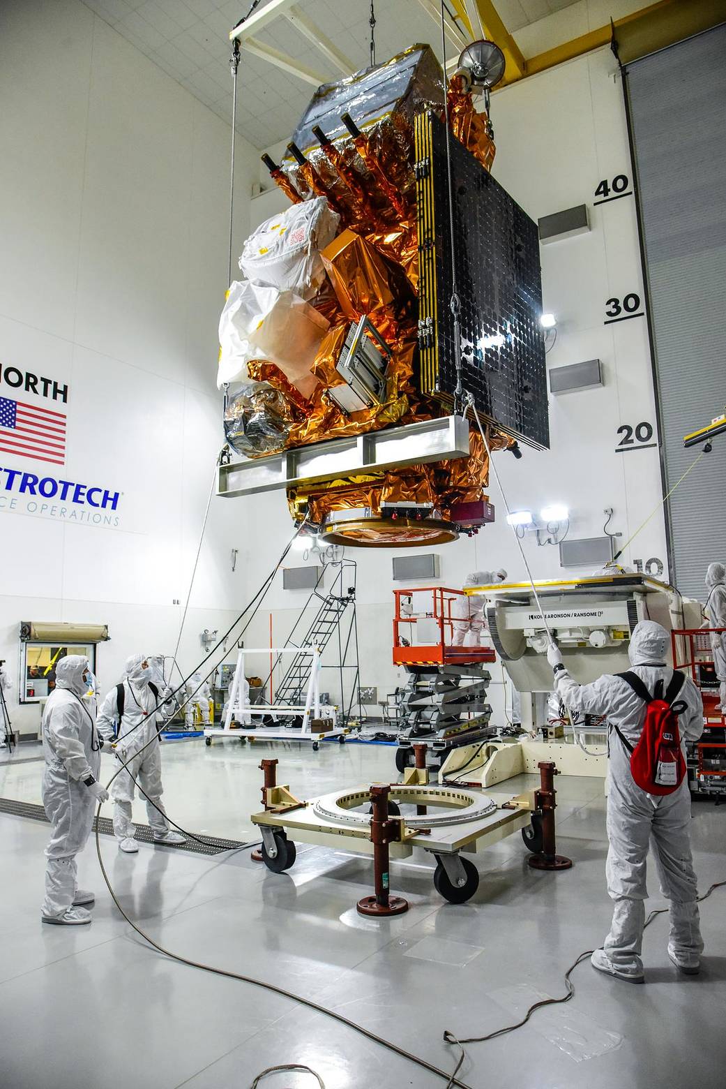 The JPSS-2 satellite is unbagged inside the Astrotech Space Operations facility at Vandenberg Space Force Base in California. 