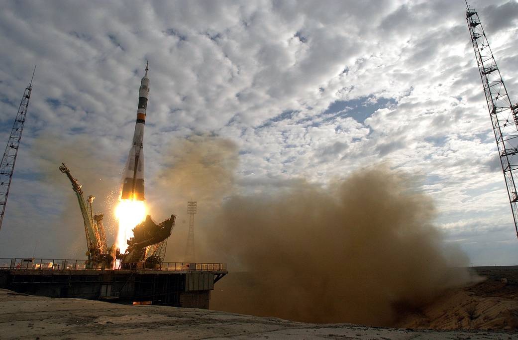 A Soyuz spacecraft lifts off from the Baikonur Cosmodrome, Kazakhstan