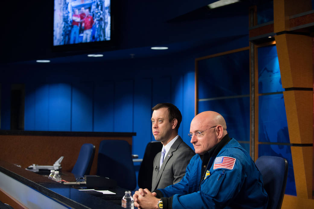 JSC2012-E-240192 -- Josh Byerly and NASA astronaut Scott Kelly