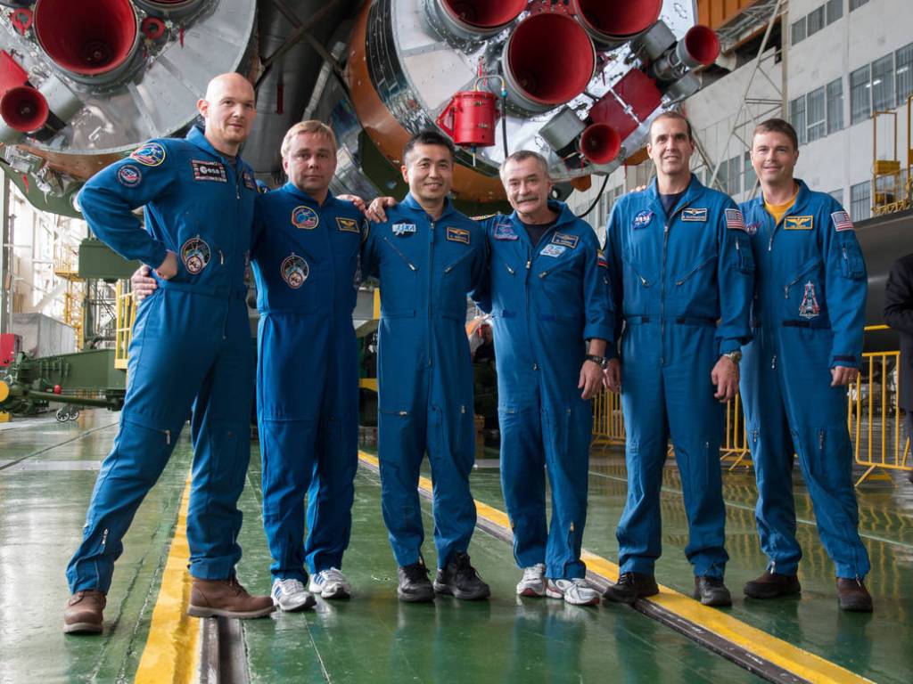 Alexander Gerst, Max Suraev, Koichi Wakata, Mikhail Tyurin and Rick Mastracchio