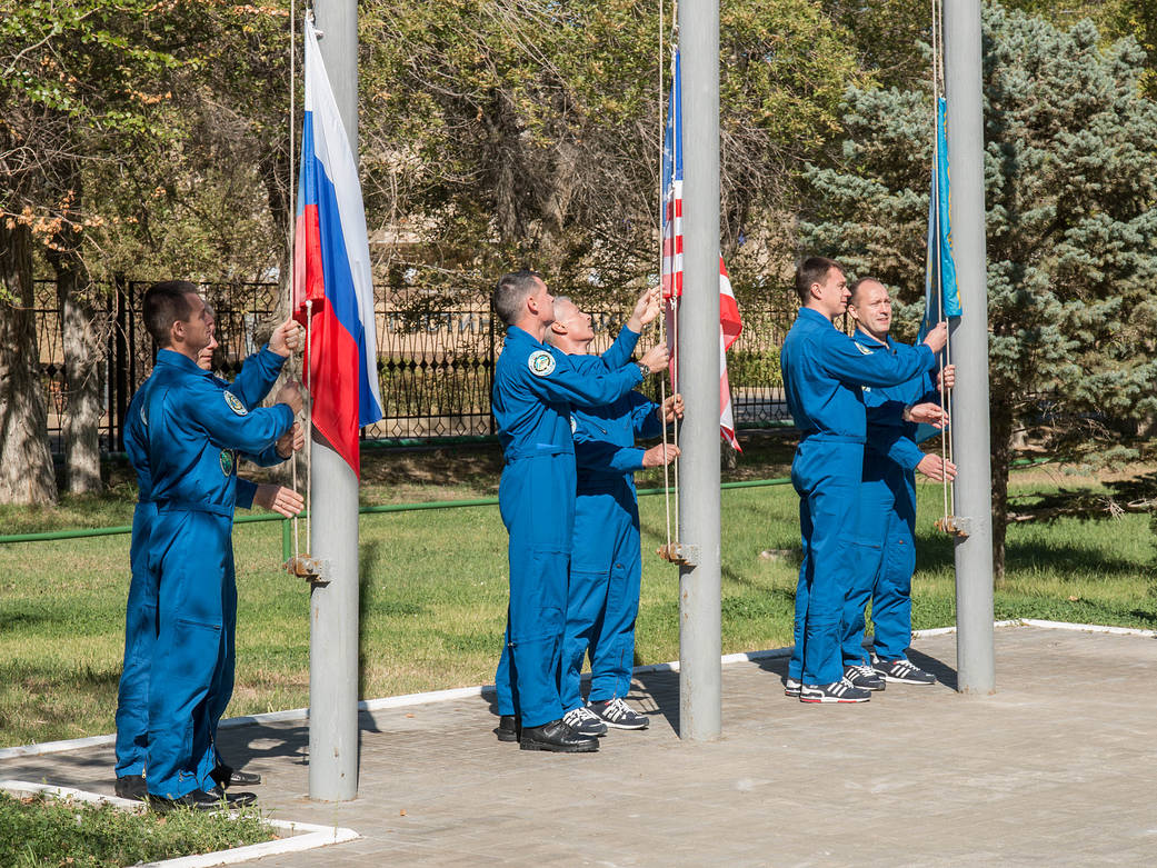 At their Cosmonaut Hotel crew quarters in Baikonur, Kazakhstan, the Expedition 49 prime and backup crewmembers