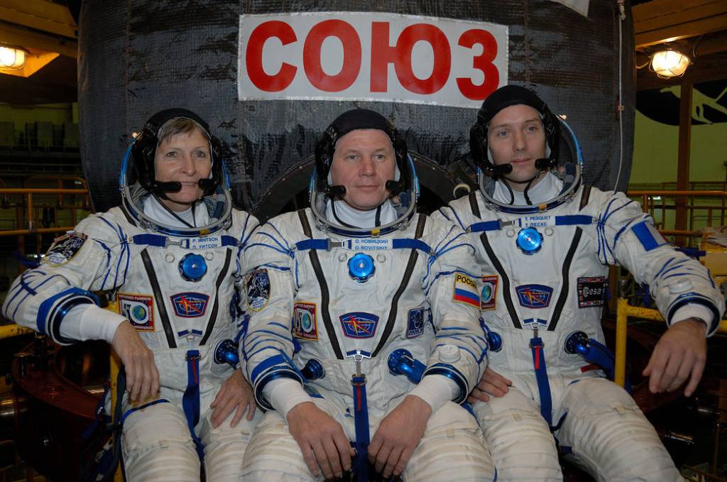Expedition 50-51 in Front of Their Soyuz MS-03 Spacecraft