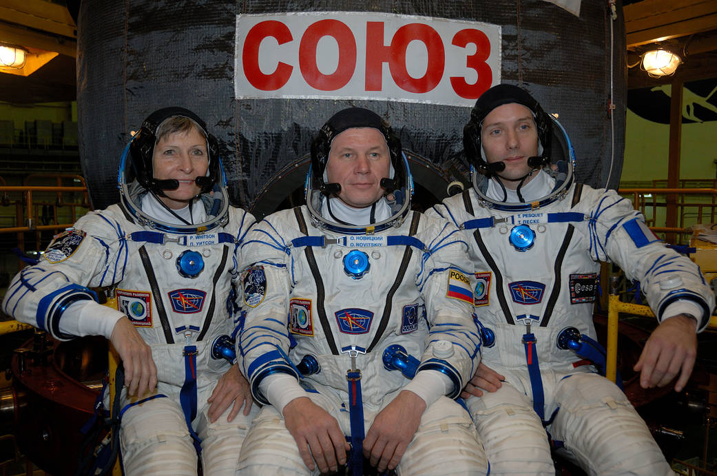 Expedition 50-51 in Front of Their Soyuz MS-03 Spacecraft