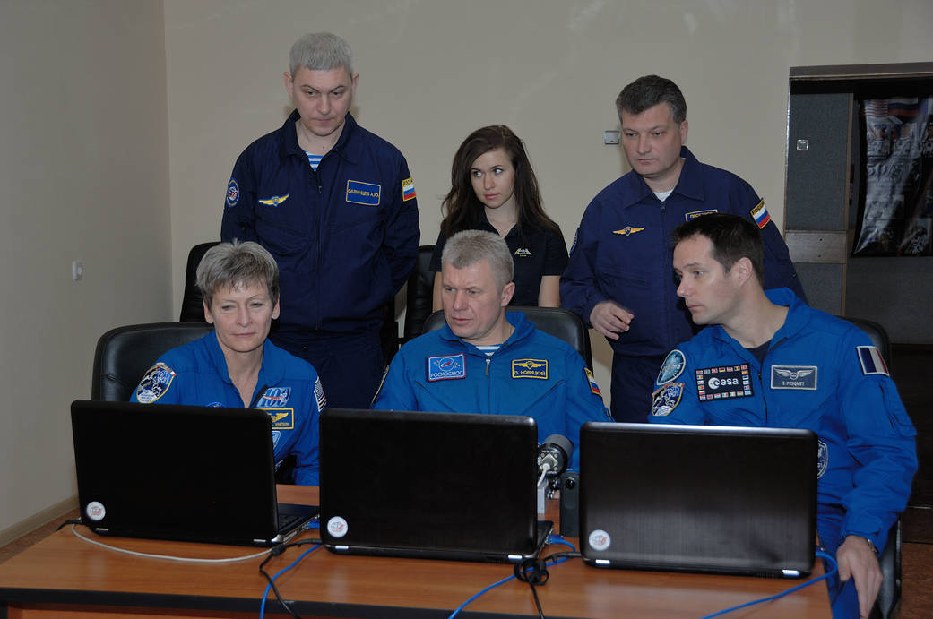 Expedition 50-51 crewmembers Peggy Whitson, Oleg Novitskiy and Thomas Pesquet 