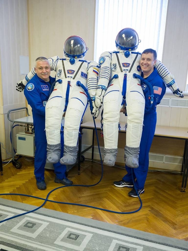 Expedition 51 Crew Members with Sokol Launch and Entry Suits