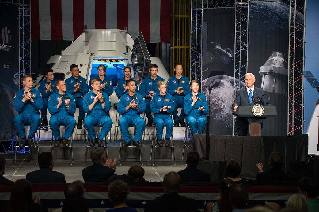 Vice President Pence speaks with 2017 astronaut candidates on stage