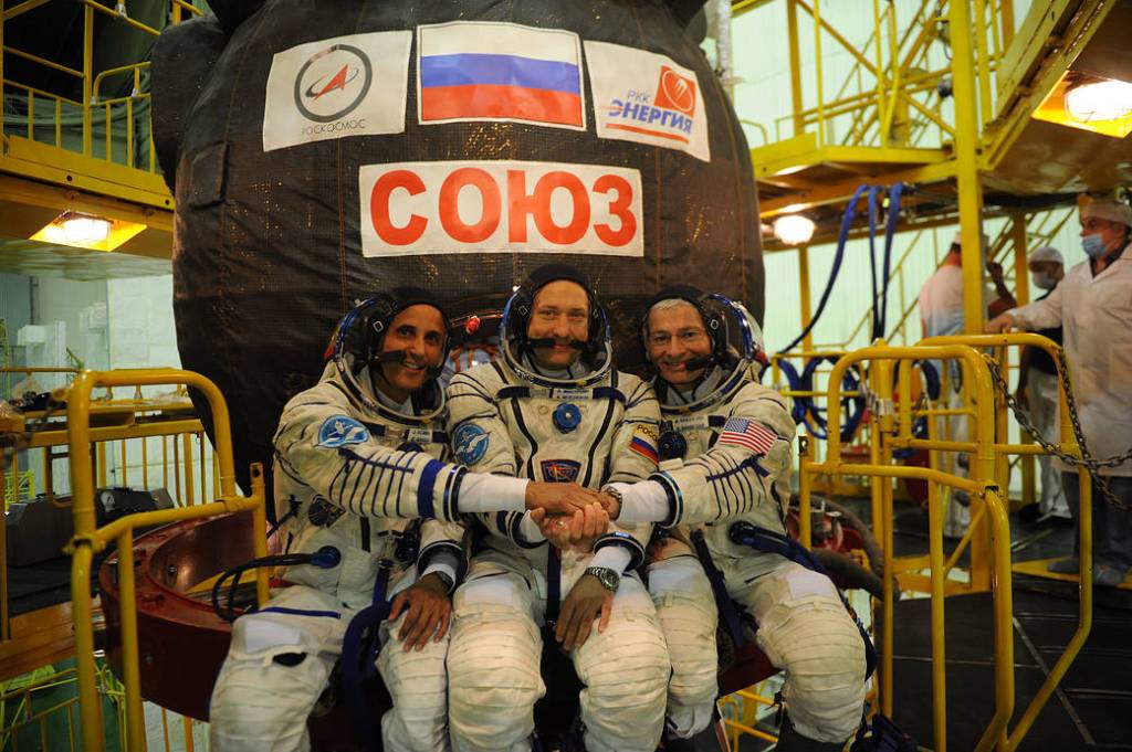 Expedition 53-54 Prime Crew in Front of the Soyuz MS-06 Spacecraft