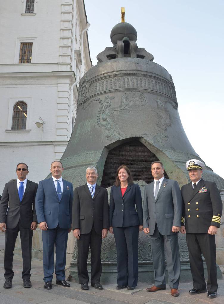 Expedition 53-54 Prime and Backup Crews in Front of the Tsar Bell