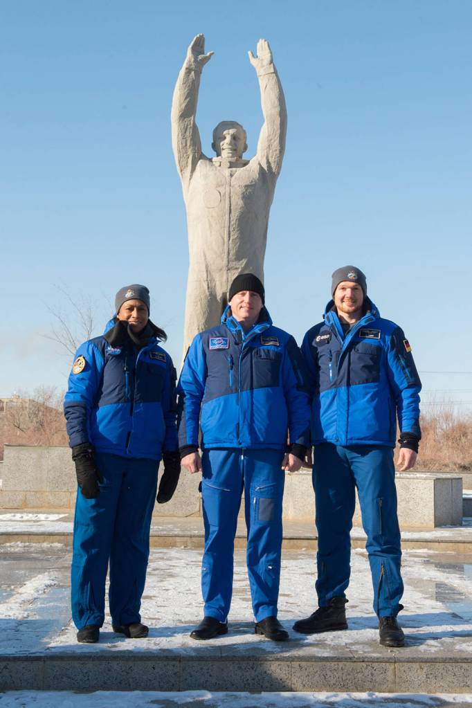 Expedition 54-55 Back Up Crew Members in Front of the Statue of Yuri Gagarin