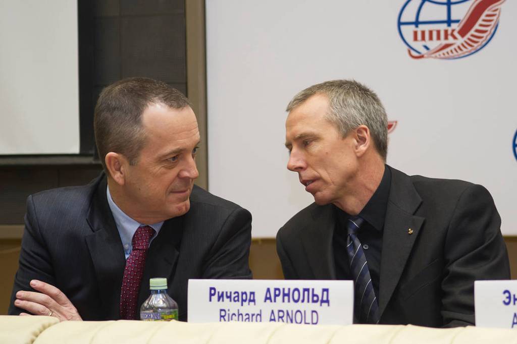 Expedition 55 crew members Ricky Arnold and Drew Feustel of NASA