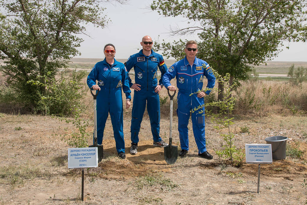Expedition 56 crew members pictured after planting trees