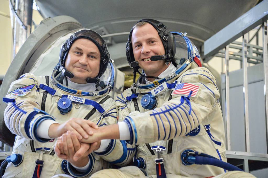 Expedition 57 crew members Alexey Ovchinin and Nick Hague