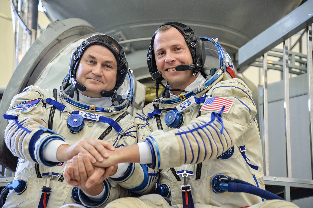Expedition 57 crew members Alexey Ovchinin and Nick Hague