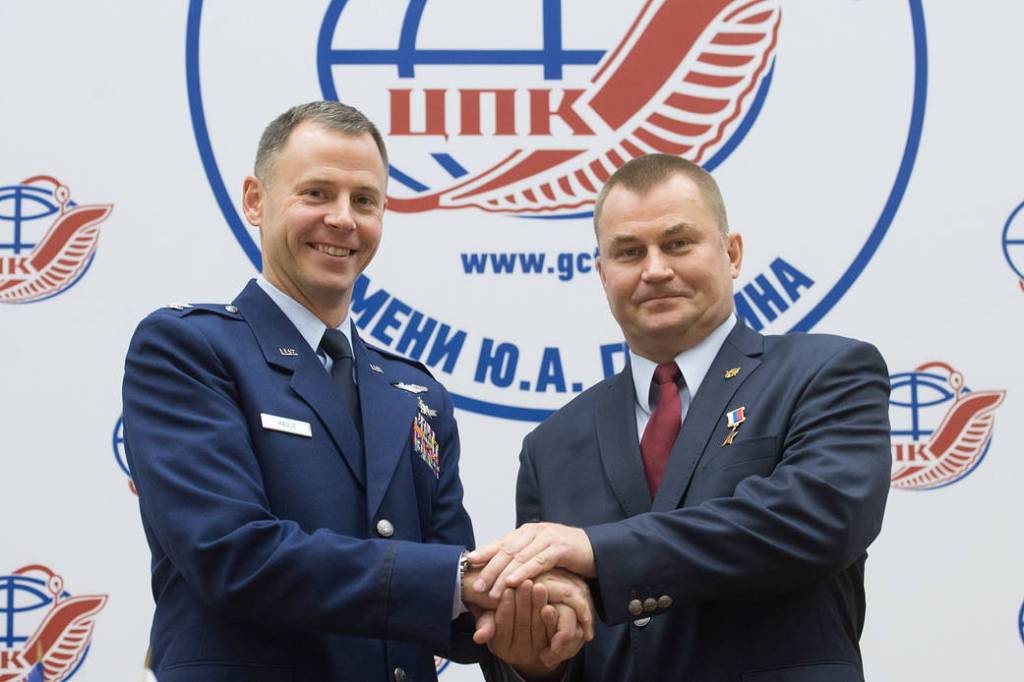 Expedition 57 crew members Nick Hague of NASA and Alexey Ovchinin of Roscosmos