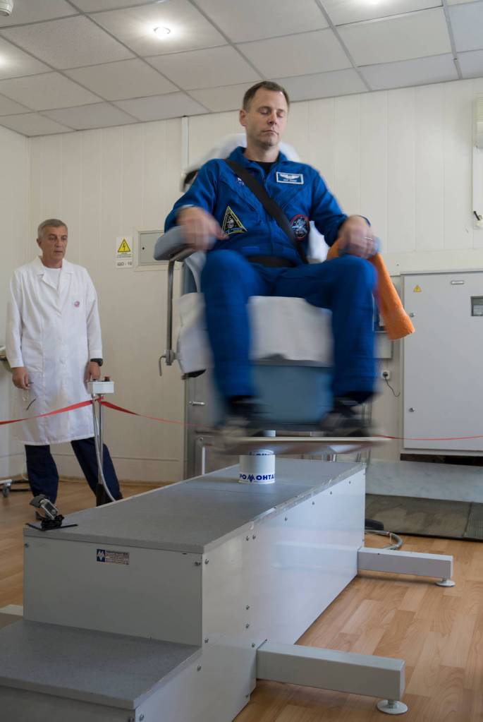 Expedition 57 crew member Nick Hague tests his vestibular system