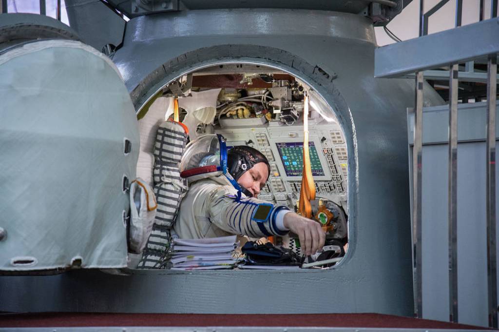 Alexey Ovchinin of Roscosmos inside a Soyuz spacecraft simulator