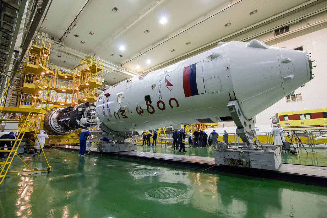 The Soyuz MS-12 spacecraft is encapsulated into nose fairing