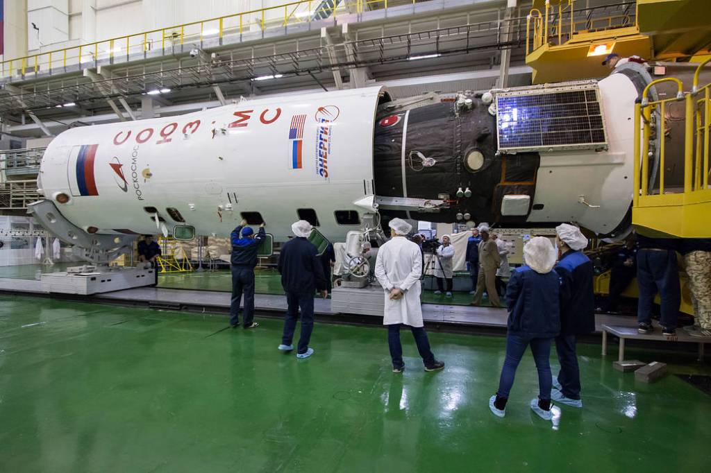 The Soyuz MS-12 spacecraft is encapsulated into nose fairing