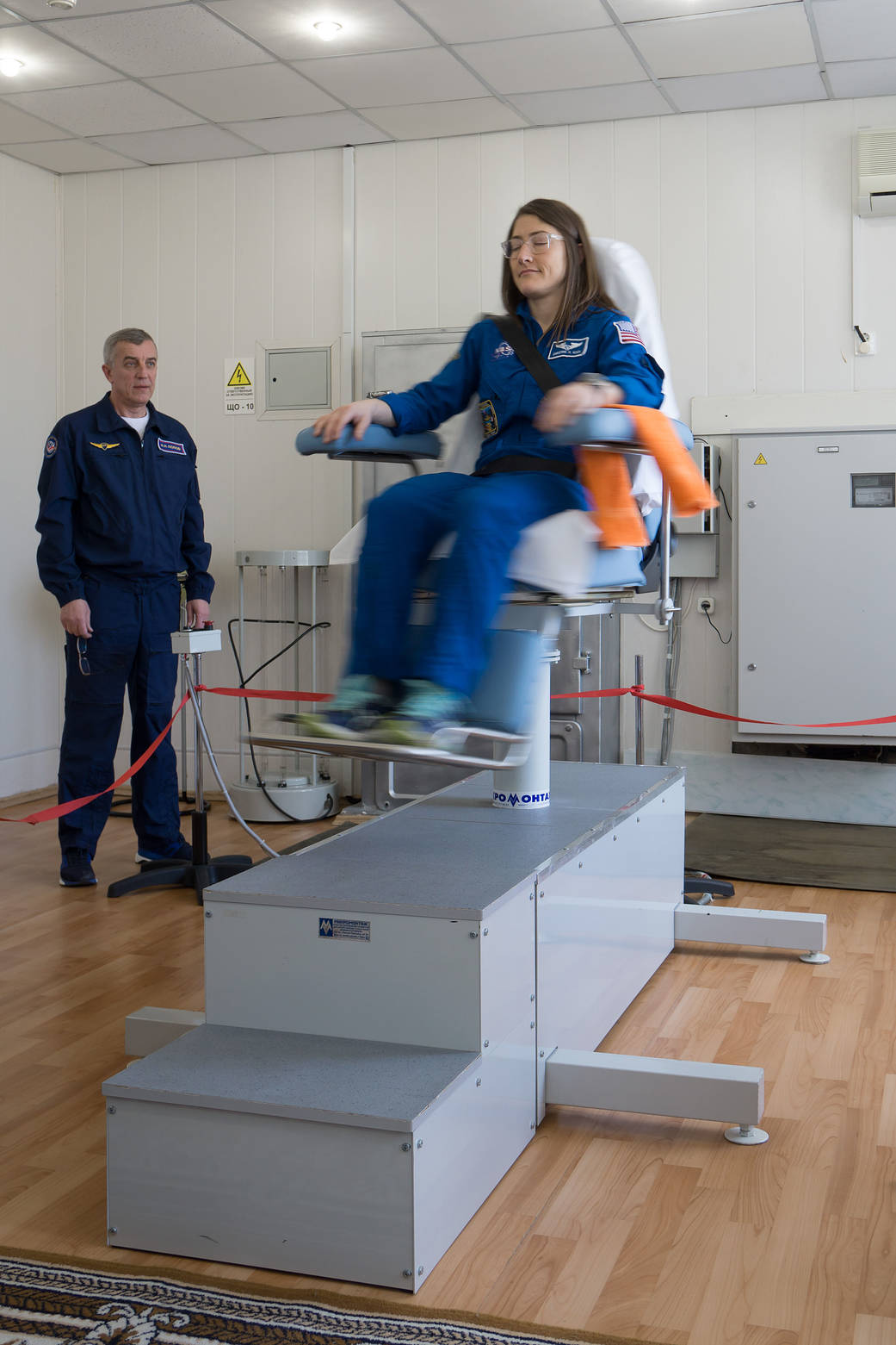 Expedition 59 crew member Christina Koch tests her vestibular system