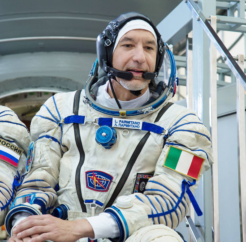 Expedition 60 crewmember Luca Parmitano answers a reporter’s question