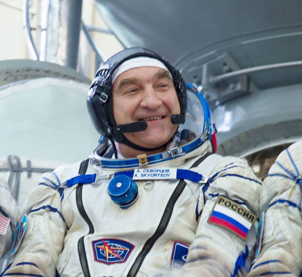 Expedition 60 crewmember Alexander Skvortsov smiles in response to a reporter’s question