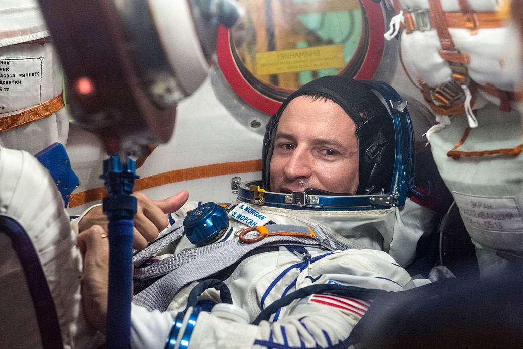 Expedition 60 crewmember Drew Morgan runs through Soyuz spacecraft procedures
